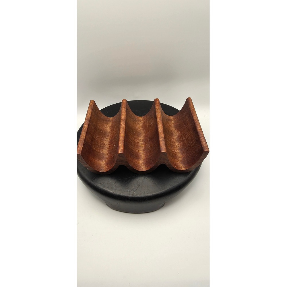 Handmade Solid Wood Taco Holder 3 Slot Wavy Serving Tray Brown Kitchen Decor